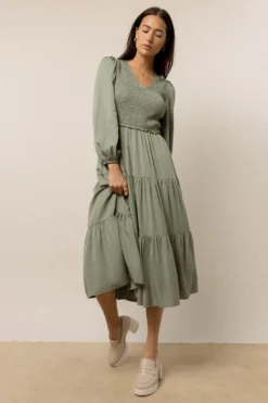 Smocked Tiered Midi Dress In Sage