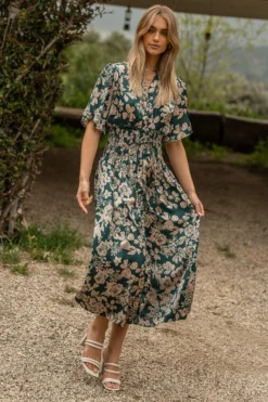 Jaslyn Floral Midi Dress In Emerald