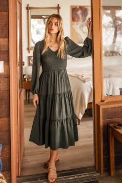 Smocked Tiered Midi Dress In Green - FINAL SALE