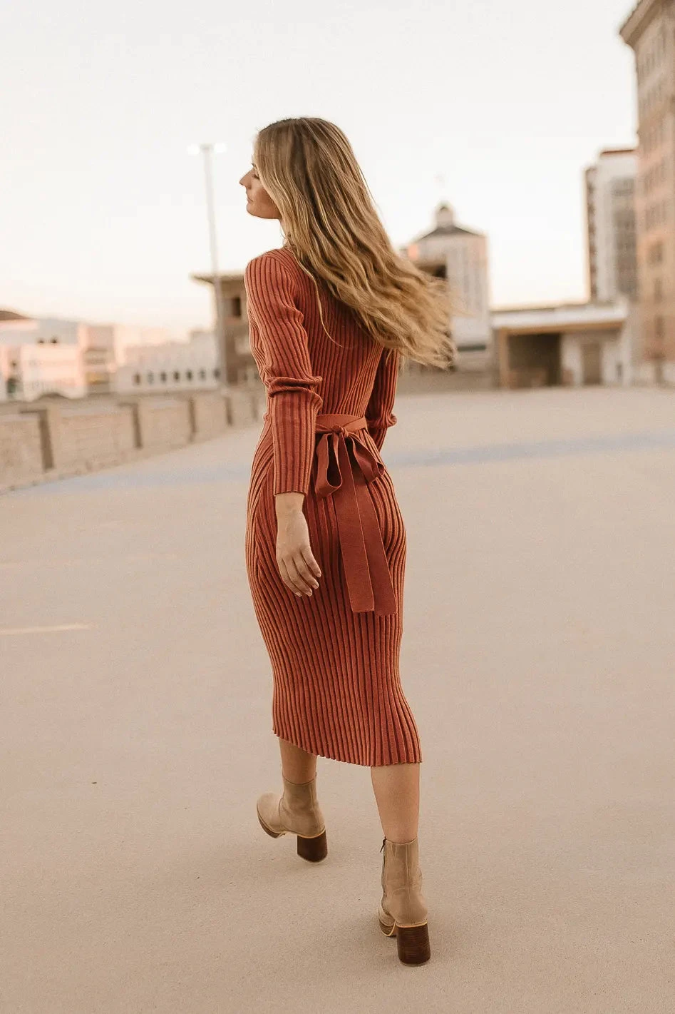 Carden Ribbed Midi Dress In Clay - Image 3
