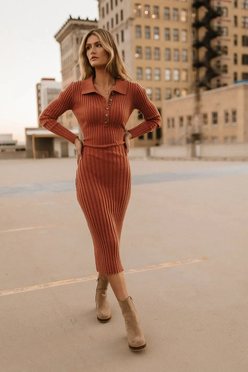 Carden Ribbed Midi Dress In Clay - Image 2