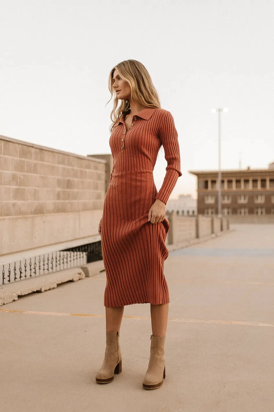 Carden Ribbed Midi Dress In Clay - Image 5