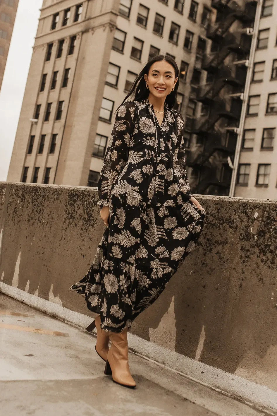 Jayla Floral Chiffon Dress In Black - Image 3