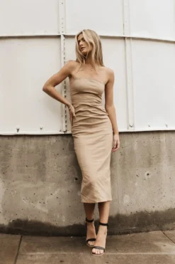 Micah Strapless Midi Dress In Khaki