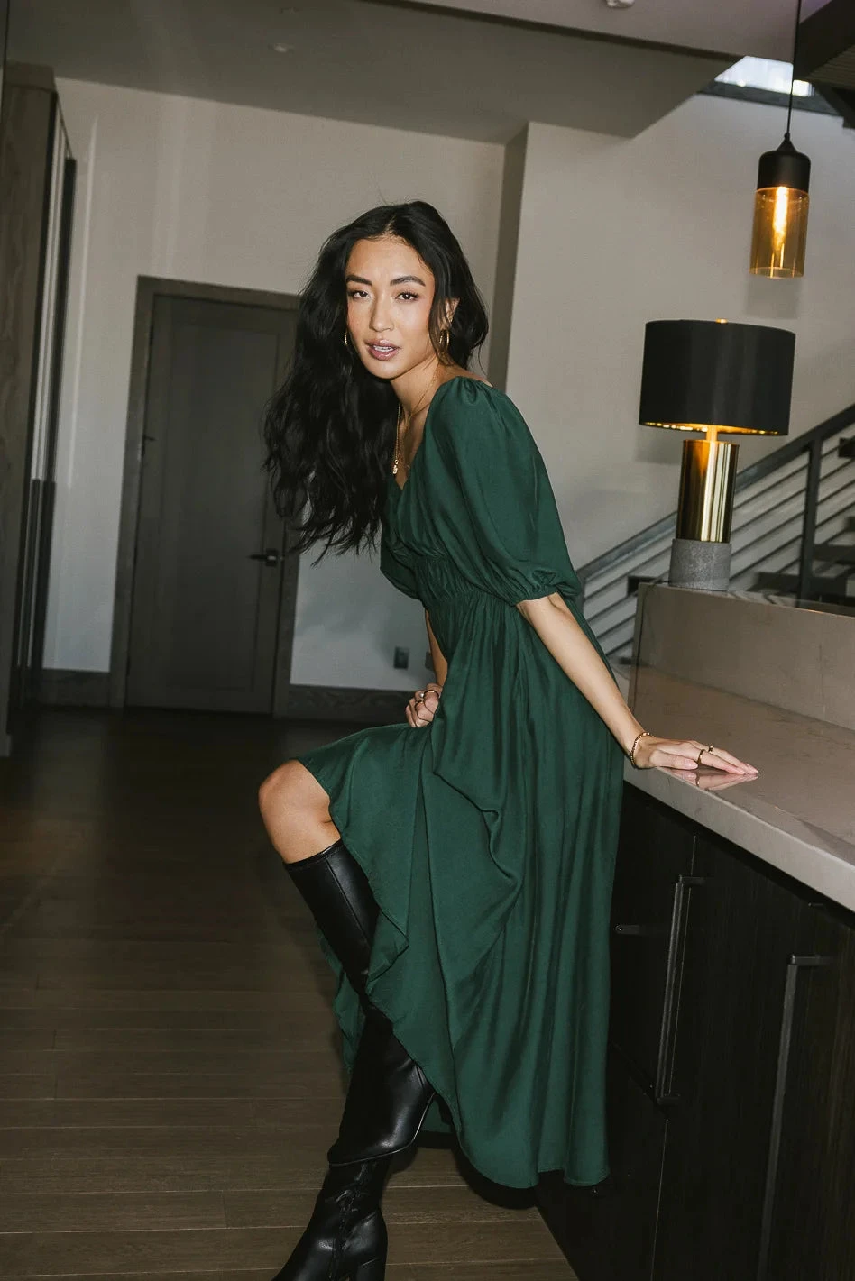 Addison Puff Sleeve Dress In Green