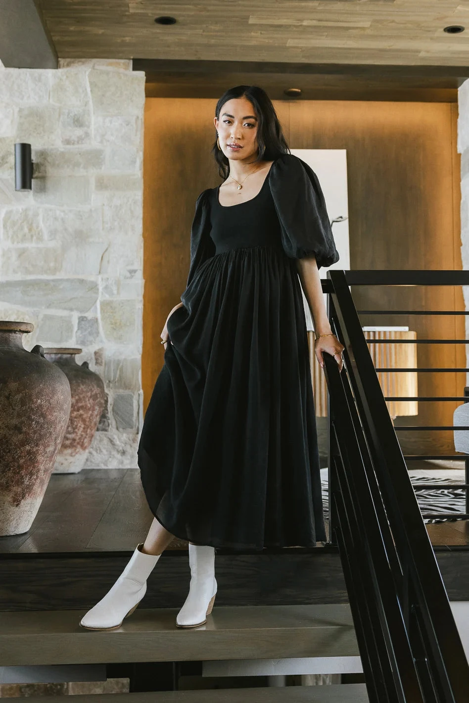 Juliet Puff Sleeve Dress In Black - Image 4