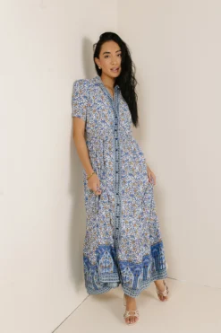 Floral Collared Button Up Dress In Indigo