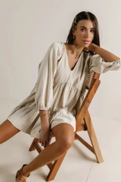 Tiered V-Neck Dress In Beige