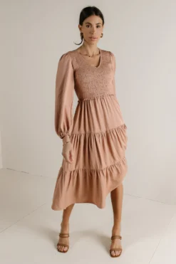 Smocked Tiered Midi Dress In Pink