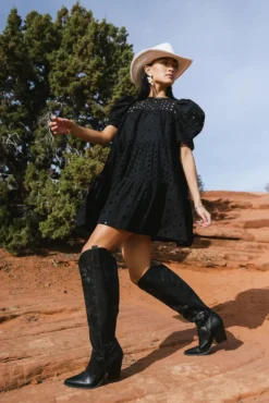 Eyelet Puff Sleeve Mini Dress In Black