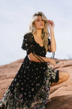 Ruched Sleeve Floral Dress In Black
