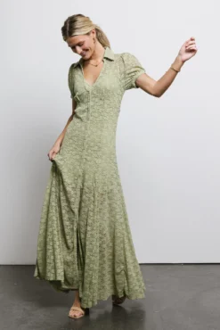 Lace Button Up Dress In Sage