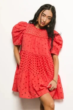 Eyelet Puff Sleeve Mini Dress In Red