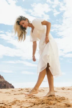 Floral Embroidered Puff Sleeve Dress In Cream