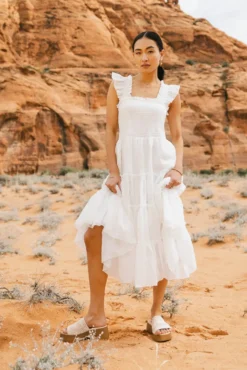 Floral Embroidered Smocked Dress In Cream
