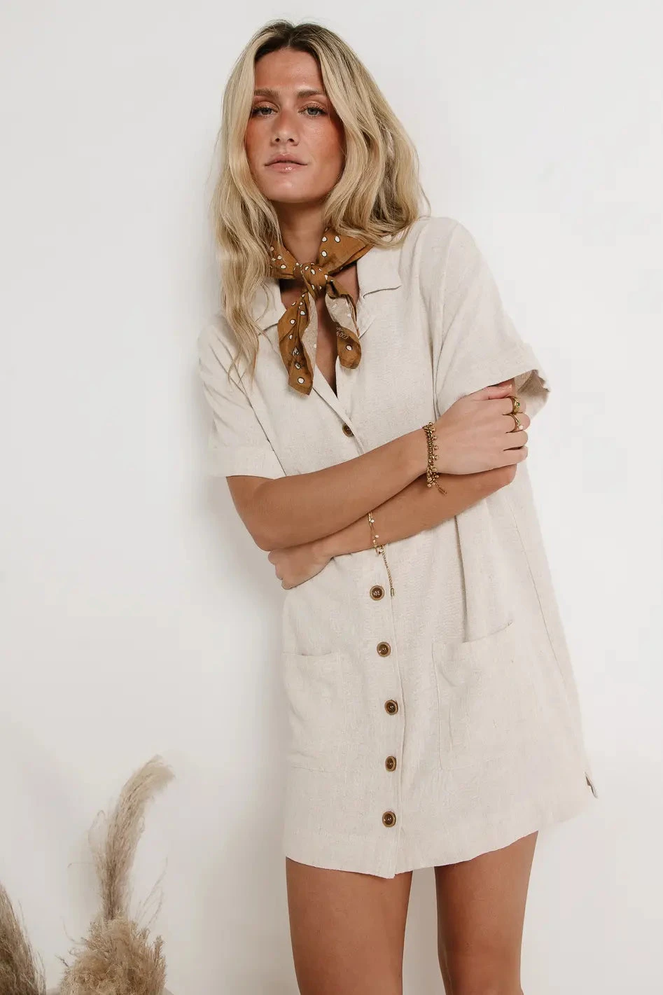 Button Up Mini Dress In Oatmeal - Image 5