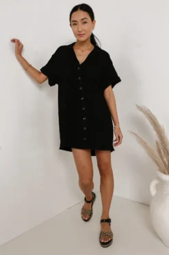 Button Up Mini Dress In Black