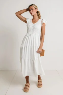 Rain Smocked Midi Dress In White