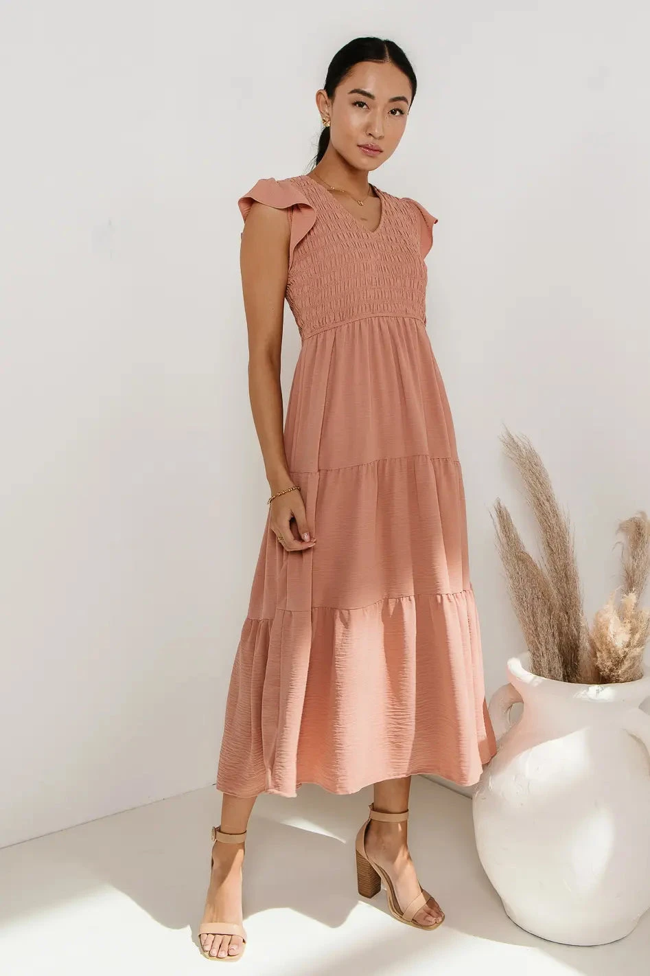 Rain Smocked Midi Dress In Peach - Image 5