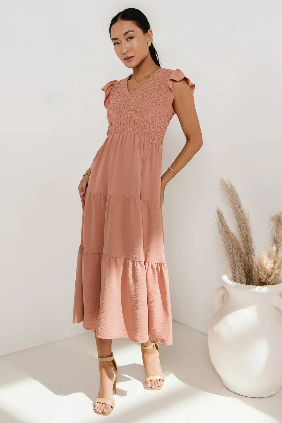 Rain Smocked Midi Dress In Peach - Image 4