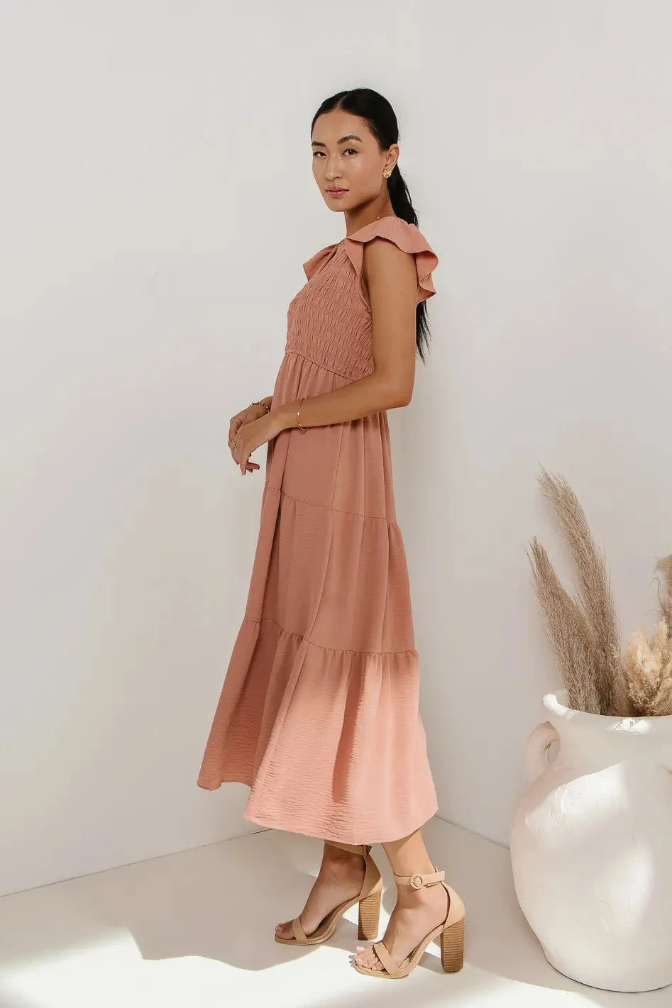 Rain Smocked Midi Dress In Peach - Image 2