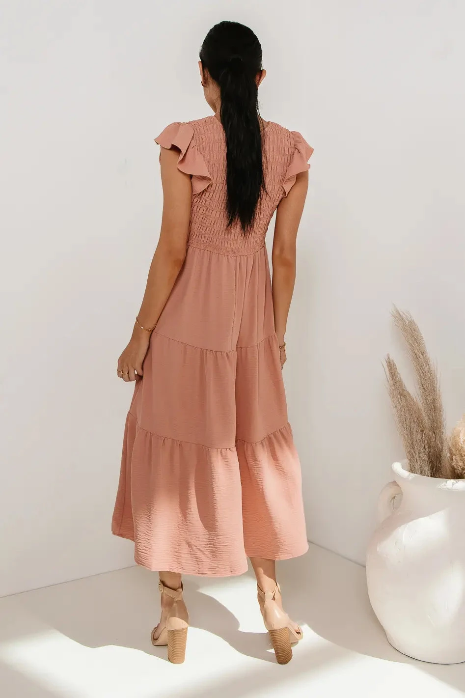 Rain Smocked Midi Dress In Peach - Image 3