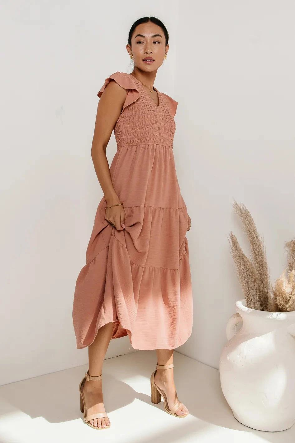 Rain Smocked Midi Dress In Peach